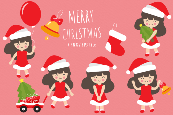 Christmas Cartoon Little Girl: Festive Illustrations