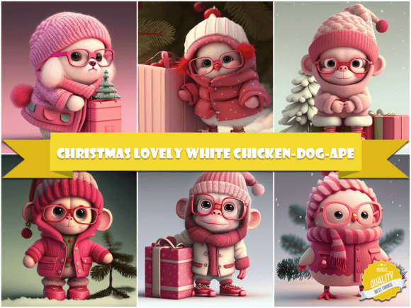 Christmas Lovely White Chicken-Dog-Ape: Festive Illustrations