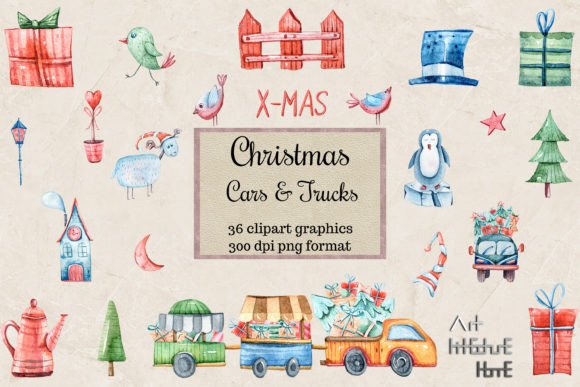 Christmas Watercolor Cliparts, Trucks: Fresh Illustrations