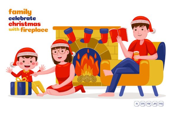 Family Celebrate Christmas in Fireplace Illustrations Review