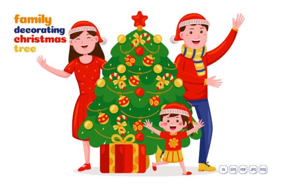 Family Decorating Christmas Tree Vector: Festive Illustrations