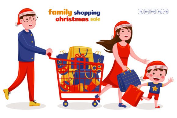 Family Shopping Christmas Sale Vector: Festive Illustrations