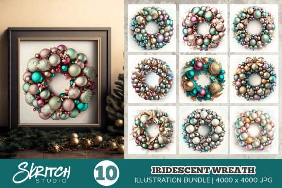 Iridescent Christmas Wreath Illustration for Holiday Design
