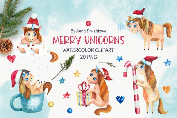 Merry Unicorns Christmas Clipart: Festive Illustrations