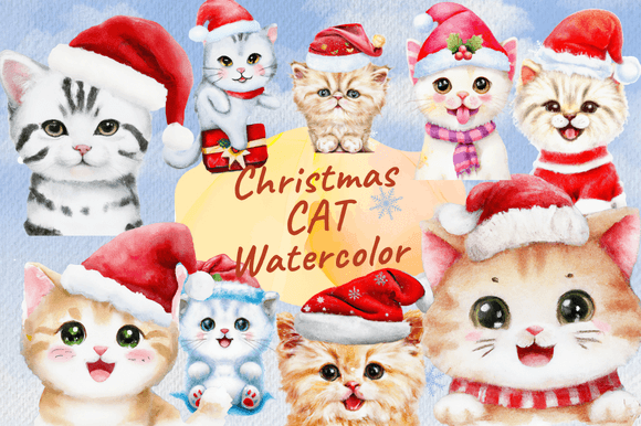 Watercolor Cat Kitten Christmas Clipart: Festive Illustrations