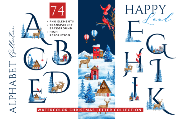 Watercolor Christmas Happy Land Alphabet: Festive Illustrations