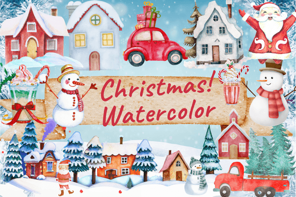 Watercolor Christmas House Truck Santa Illustrations Review